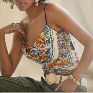Anthropologie Floral Paisley Printed Cowl Neck Satin Crop Top